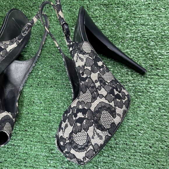 Giuseppe Zanotti Black Cream Lace Peep Toe Slingback Platform High Heels 38.5 - Picture 2 of 9